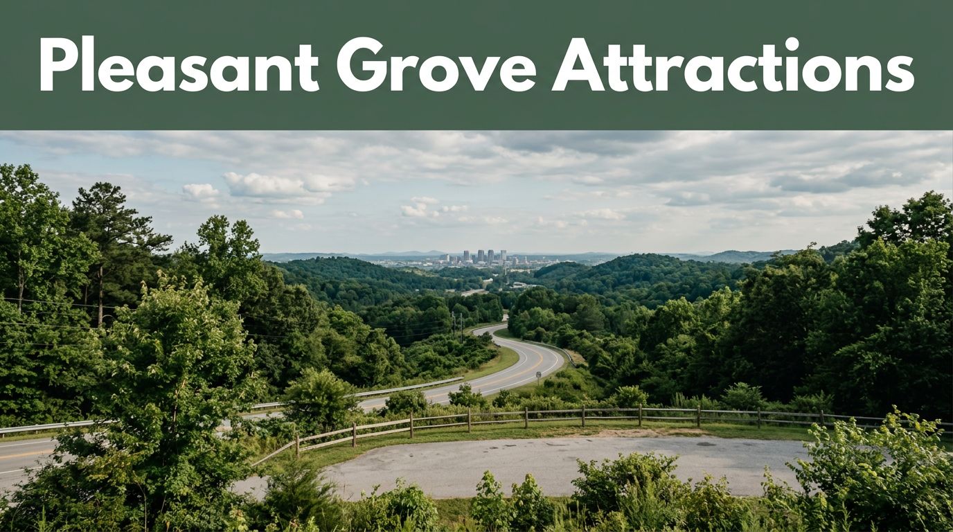 A winding road through green Alabama scenery with Birmingham’s skyline in the distance.