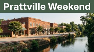 Historic Prattville storefronts beside calm Autauga Creek under a green weekend banner.