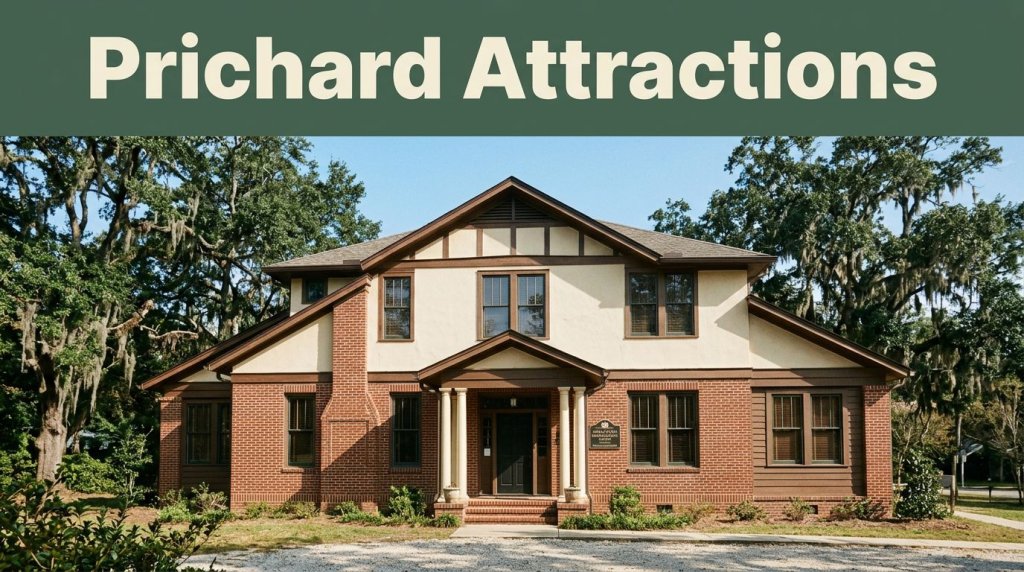 Africatown Heritage House beneath oak trees with a dark-green Prichard Attractions header.