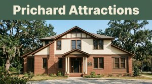 Africatown Heritage House beneath oak trees with a dark-green Prichard Attractions header.
