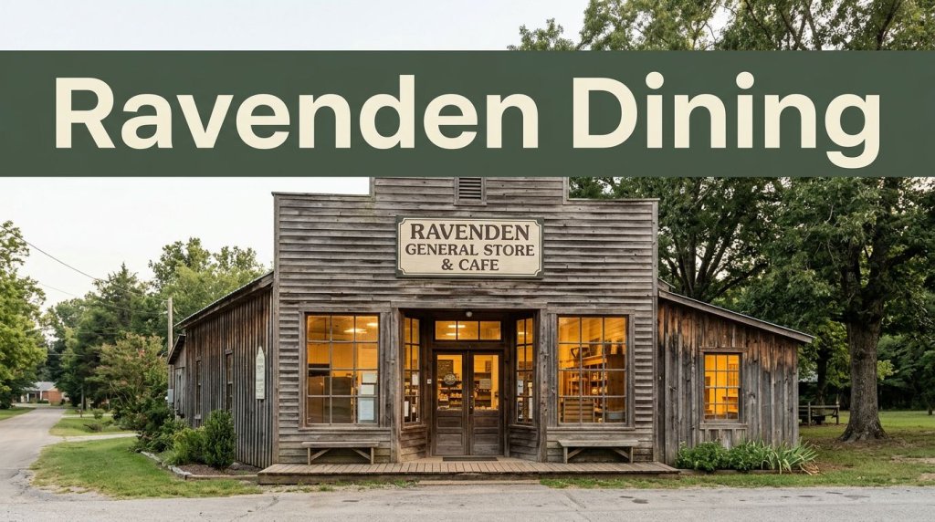 A rustic Arkansas café and general store with warm windows and a green Ravenden Dining banner.