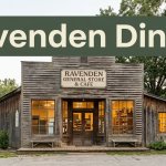 A rustic Arkansas café and general store with warm windows and a green Ravenden Dining banner.