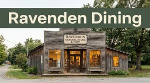 A rustic Arkansas café and general store with warm windows and a green Ravenden Dining banner.