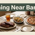 A diner table with ribs, tacos, pizza, and iced tea beneath a green headline band.