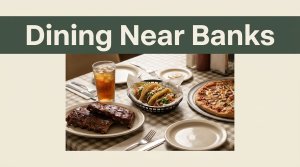 A diner table with ribs, tacos, pizza, and iced tea beneath a green headline band.