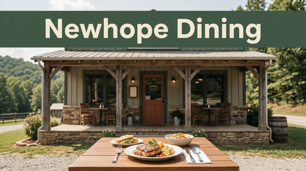 A rustic restaurant with a porch, plated meal, and wooded hills in the background.