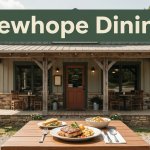 A rustic restaurant with a porch, plated meal, and wooded hills in the background.