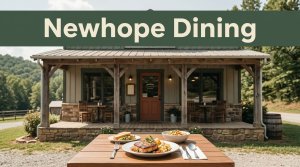 A rustic restaurant with a porch, plated meal, and wooded hills in the background.