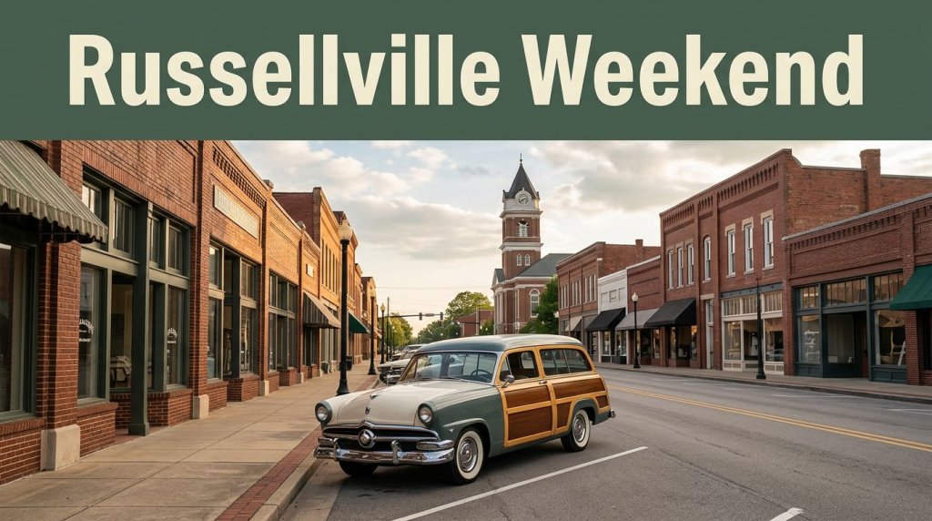 A vintage car fronts Russellville’s brick downtown beneath a green “Russellville Weekend” banner.