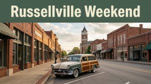 A vintage car fronts Russellville’s brick downtown beneath a green “Russellville Weekend” banner.