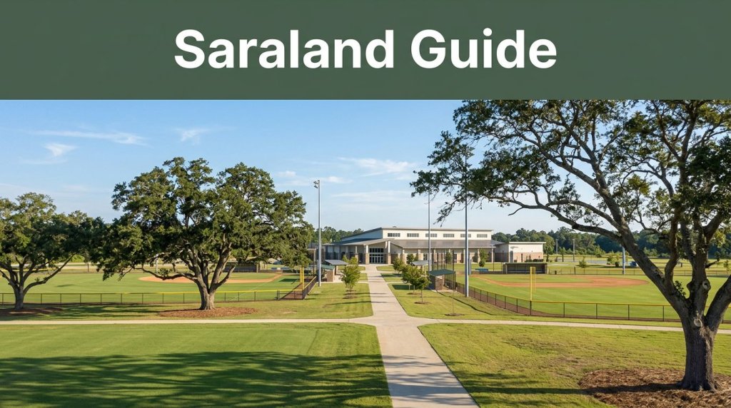 Manicured sports fields and oak trees at a Saraland recreation complex.