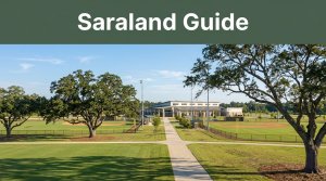 Manicured sports fields and oak trees at a Saraland recreation complex.