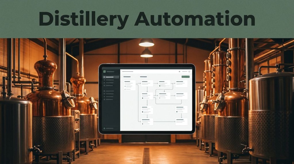 Copper stills and stainless tanks surround a tablet in a warmly lit distillery.