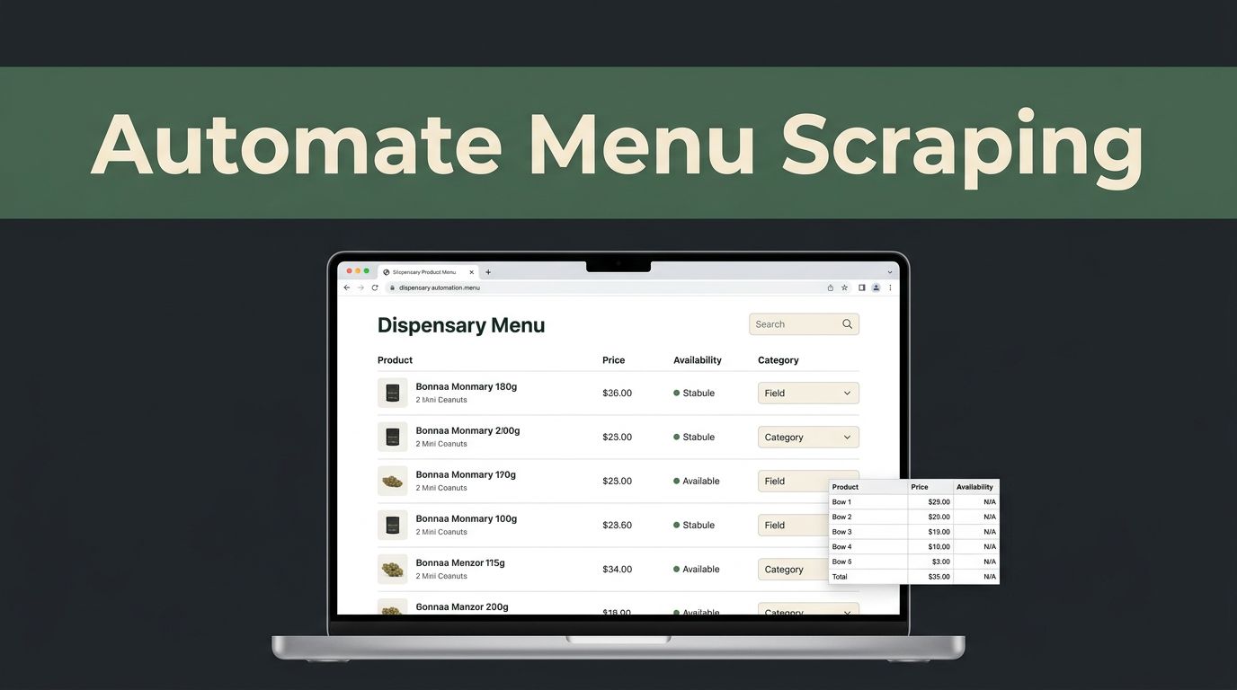 Laptop showing a dispensary menu with product details and a nearby data table.