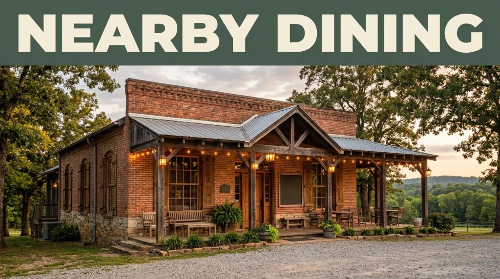 A rustic Arkansas steakhouse with a porch and Nearby Dining banner at sunset.