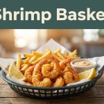 A fried shrimp basket with fries, lemon, and dipping sauce on a rustic table.