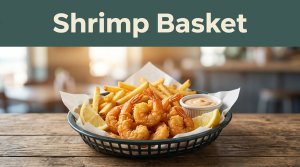 A fried shrimp basket with fries, lemon, and dipping sauce on a rustic table.