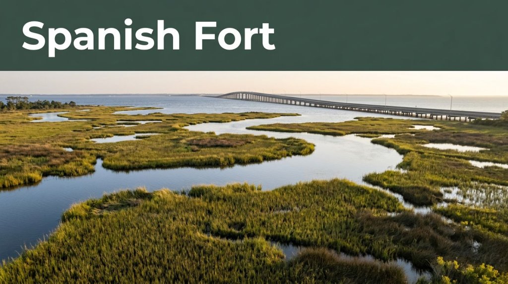 Marsh grasses and winding water lead toward the Mobile Bay Causeway at sunrise.