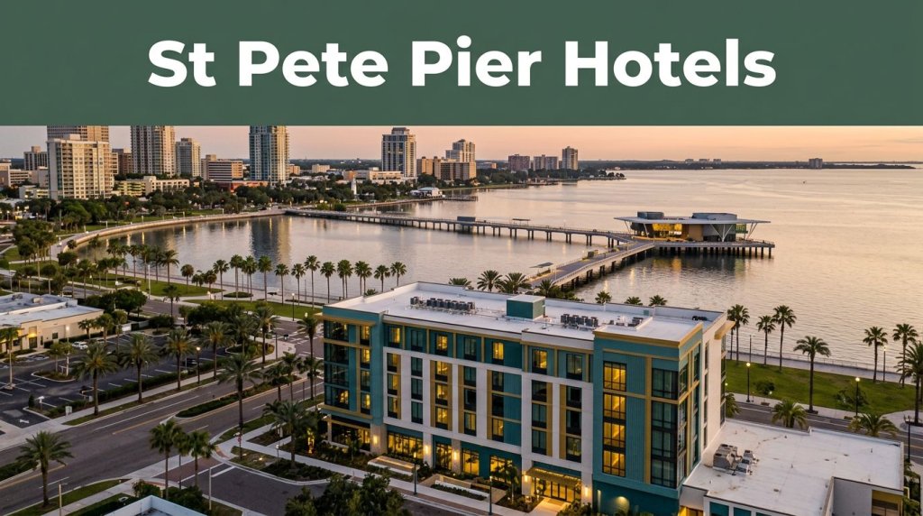 Modern hotel with the St. Pete Pier behind it at sunset.