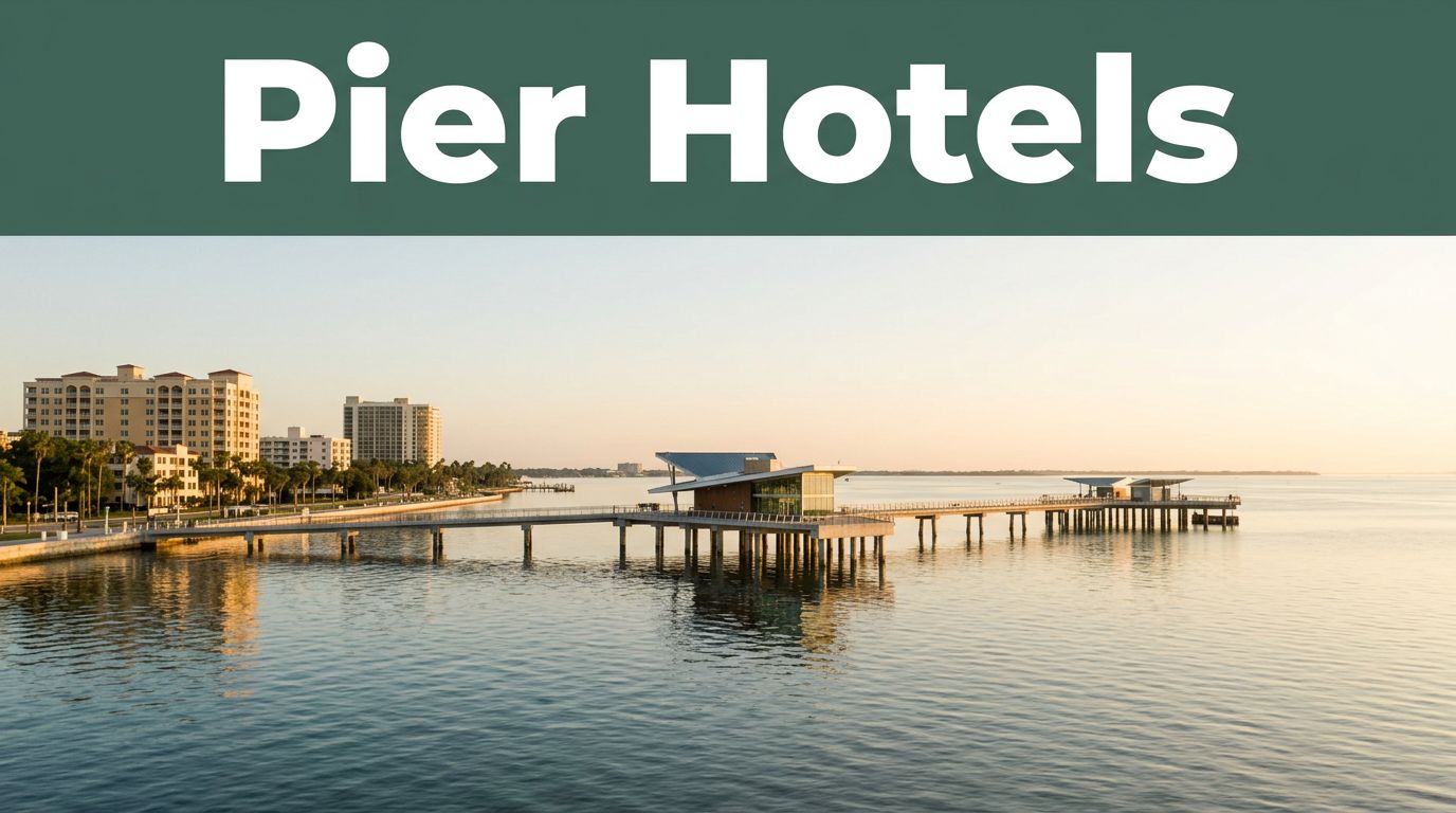 The modern St. Pete Pier extends into calm Tampa Bay beside downtown waterfront buildings.
