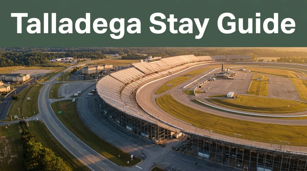 Talladega Superspeedway and grandstands sit beside a curving highway and distant hotels.