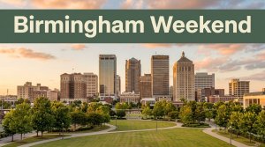 Birmingham’s skyline rises beyond Railroad Park trees and paths beneath a weekend travel banner.