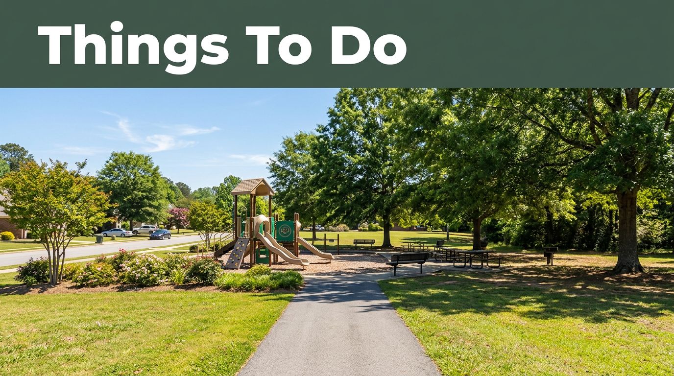 A sunny park path leads to a playground and shaded picnic area near a parked car.