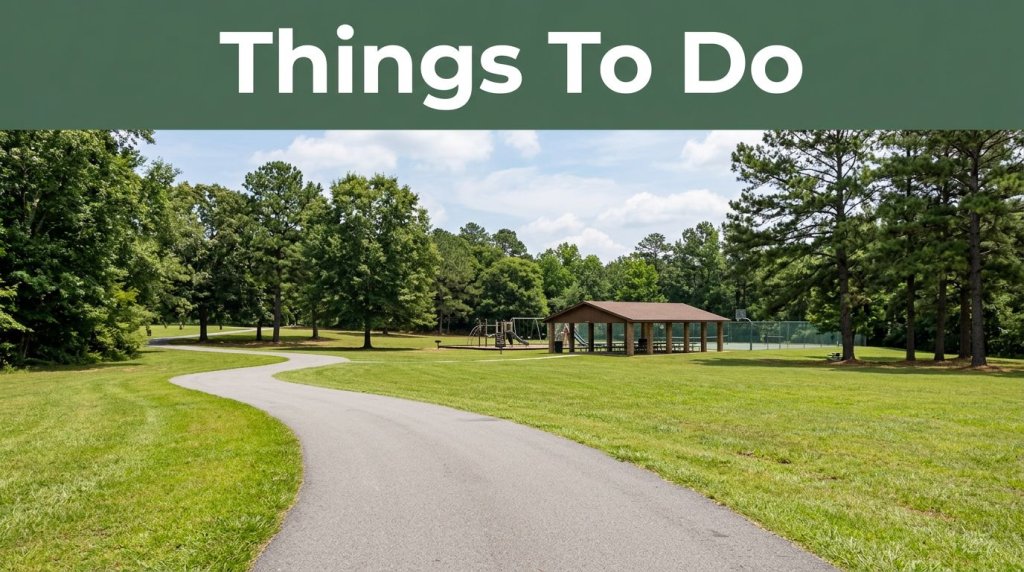 A paved path crosses a green park toward trees and a picnic shelter.