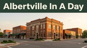 Albertville Museum on a tidy Main Street beneath an “Albertville In A Day” banner.