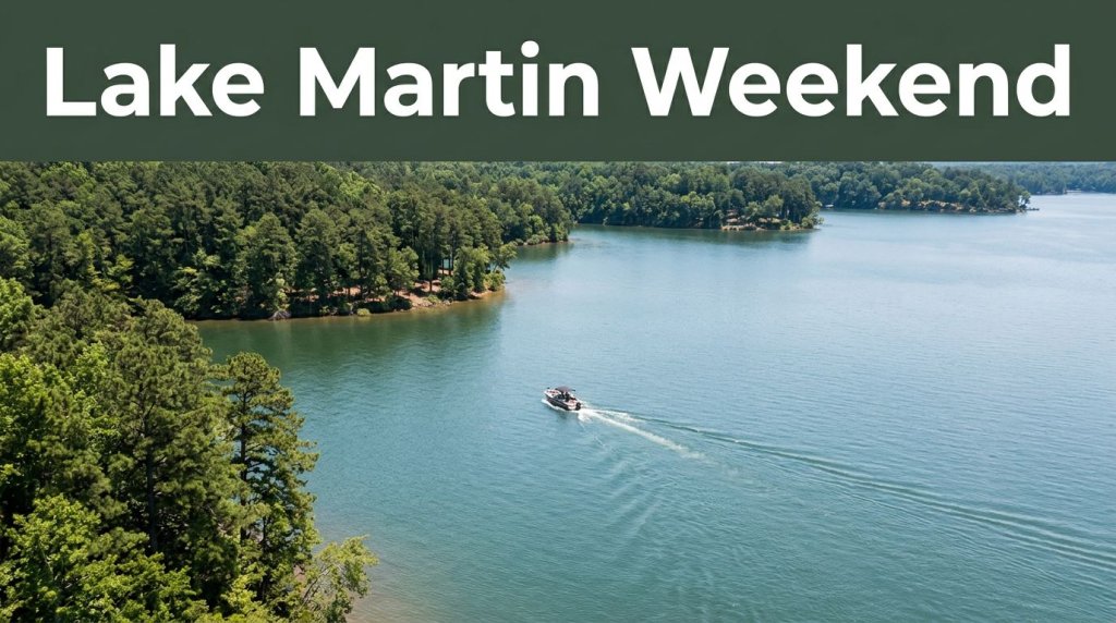 Aerial view of Lake Martin with wooded shores and a small boat beneath a green headline banner.