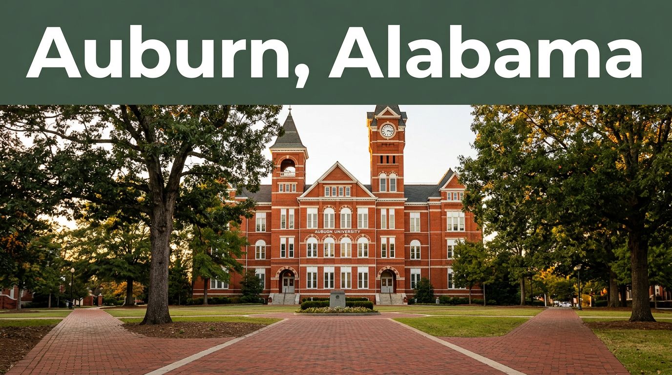 Samford Hall framed by oak trees and brick paths beneath an Auburn, Alabama banner.