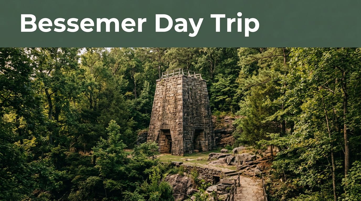 Historic stone furnace surrounded by Alabama woodland beneath a green Bessemer Day Trip banner.