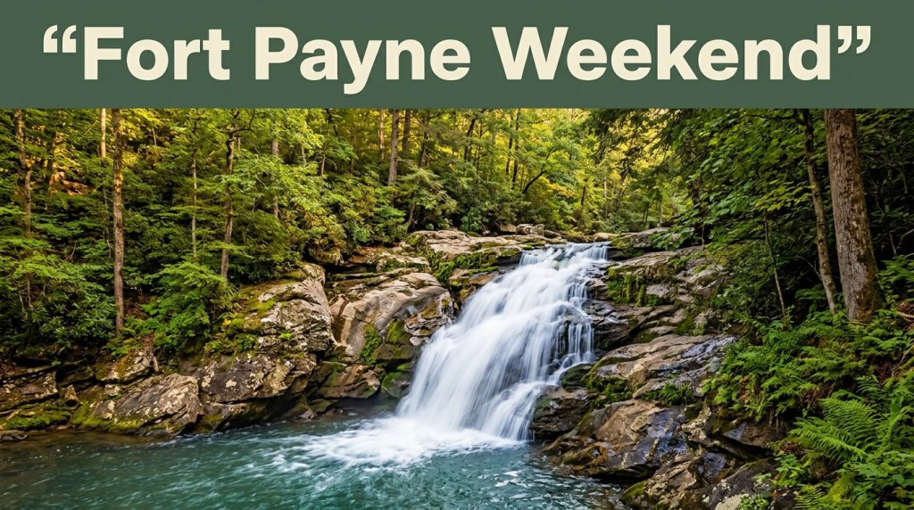 Little River Falls cascades through mossy cliffs beneath a dark-green banner.