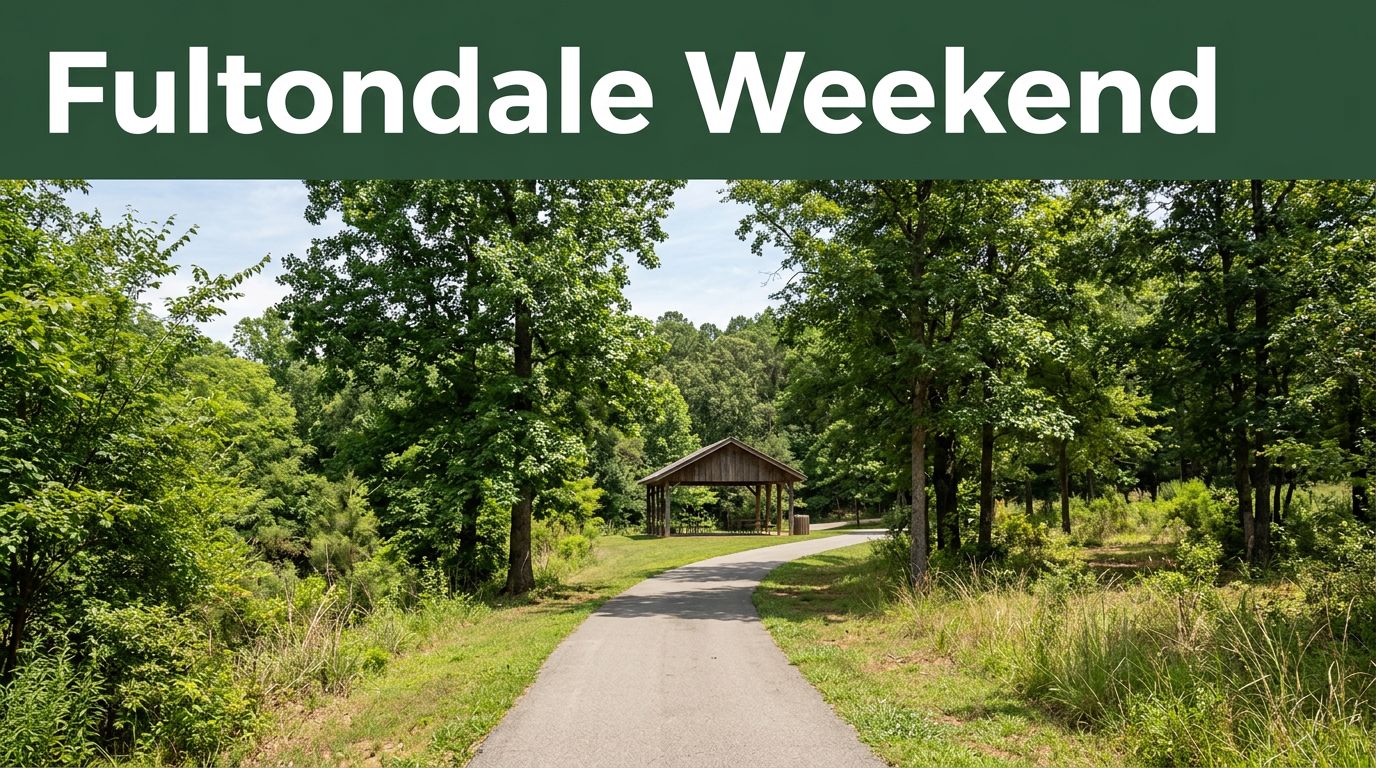A green park trail leads to a wooden pavilion beneath trees, with a dark-green Fultondale Weekend banner above.