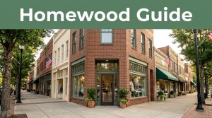 A brick storefront and leafy sidewalk on Homewood’s 18th Street beneath a green Homewood Guide banner.