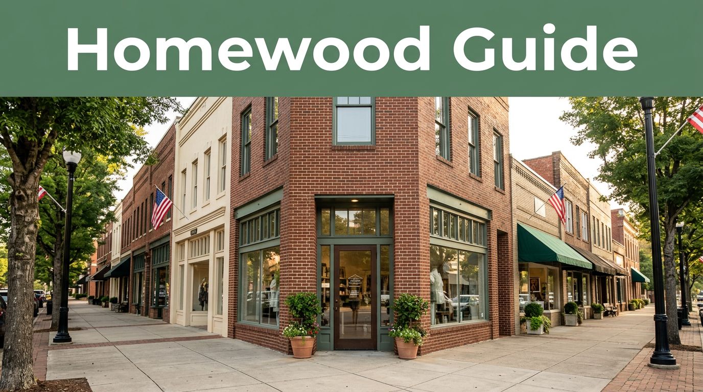 A brick storefront and leafy sidewalk on Homewood’s 18th Street beneath a green Homewood Guide banner.