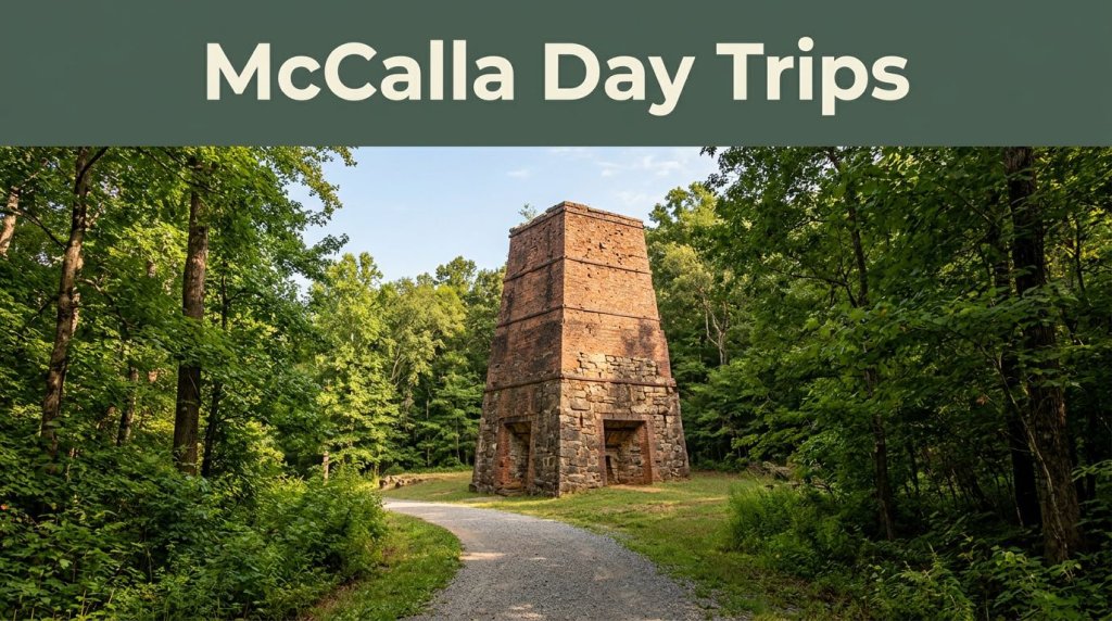 Historic red-brick furnace surrounded by forest and a winding trail.