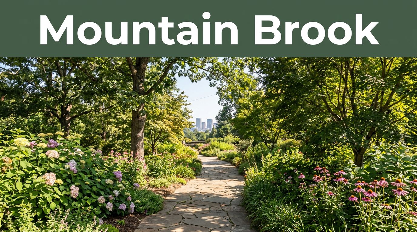 A garden path winds through flowers and trees beneath a green Mountain Brook banner.