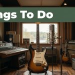 A vintage studio with an electric guitar, microphone, river view, and green headline banner.