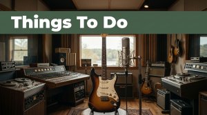 A vintage studio with an electric guitar, microphone, river view, and green headline banner.