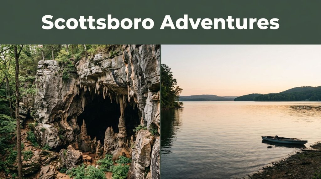 Cathedral Caverns and a kayak on Lake Guntersville at sunset.
