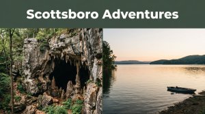 Cathedral Caverns and a kayak on Lake Guntersville at sunset.