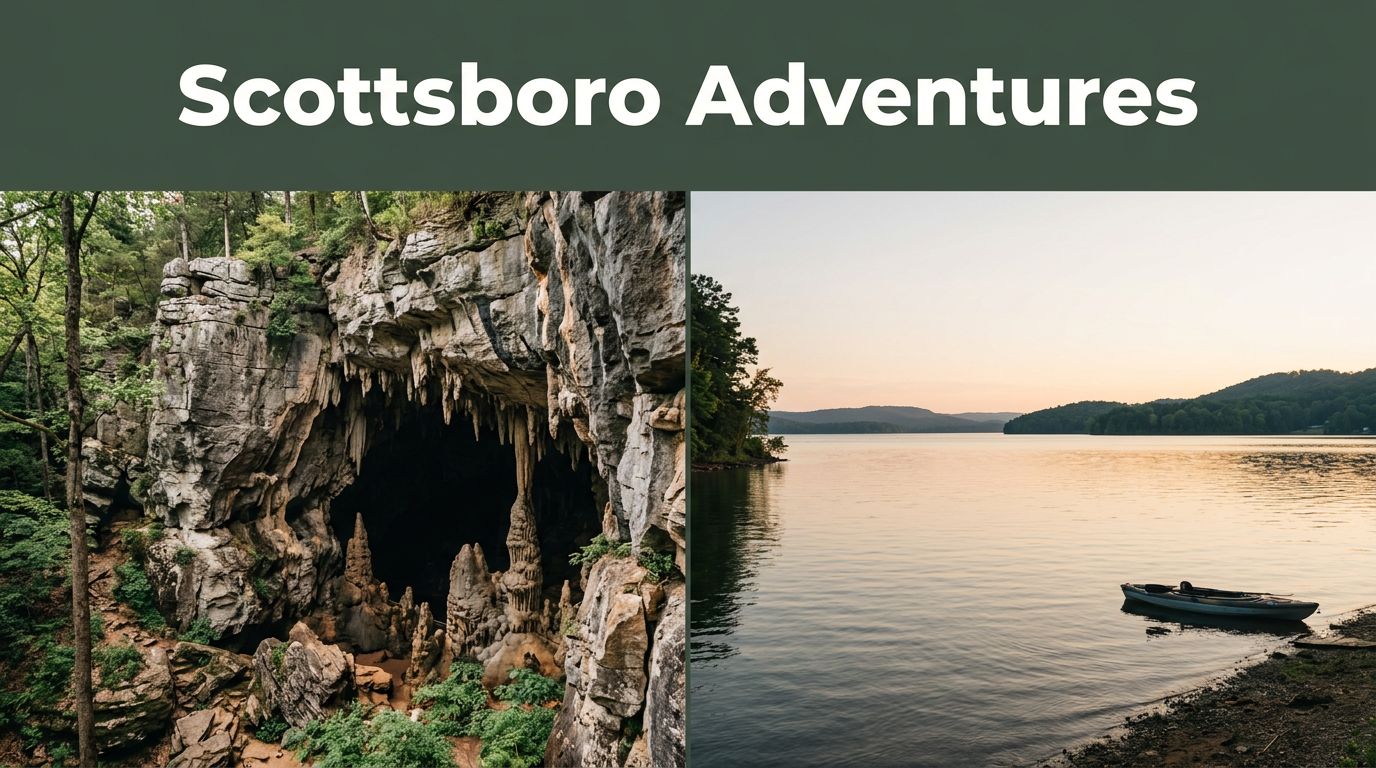 Cathedral Caverns and a kayak on Lake Guntersville at sunset.