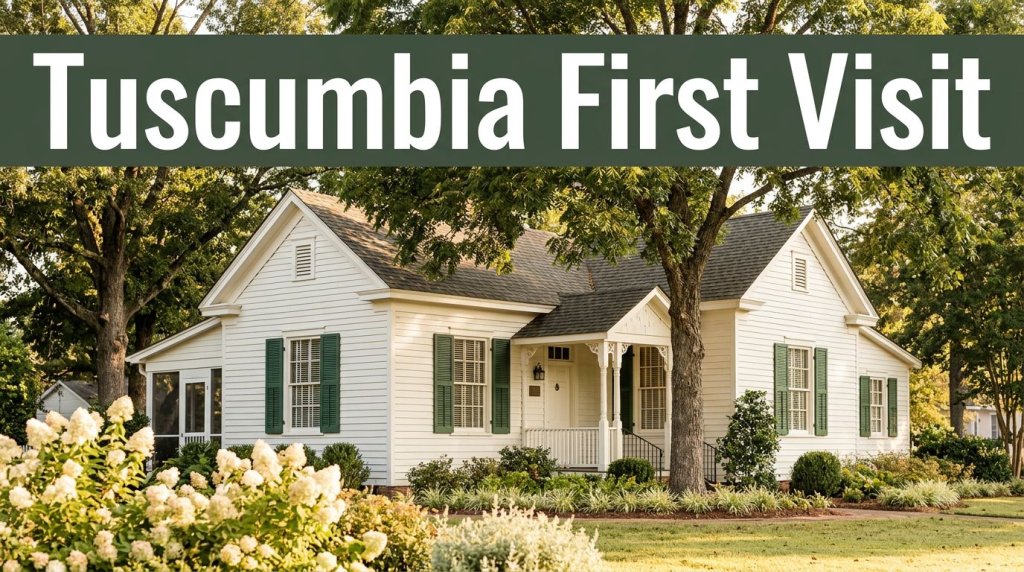Historic white cottage with green shutters and a dark-green Tuscumbia headline band.
