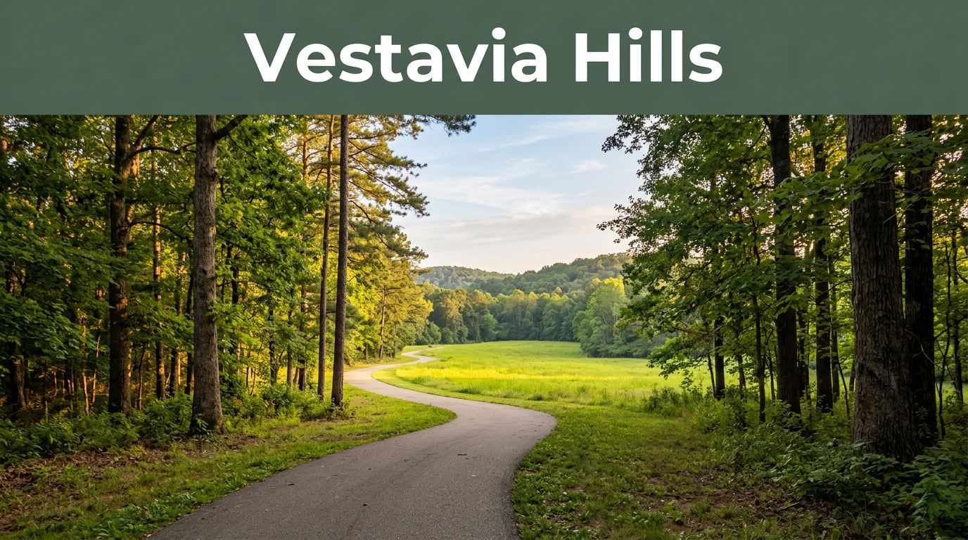 A paved trail leads through trees toward a sunny meadow beneath a Vestavia Hills header.