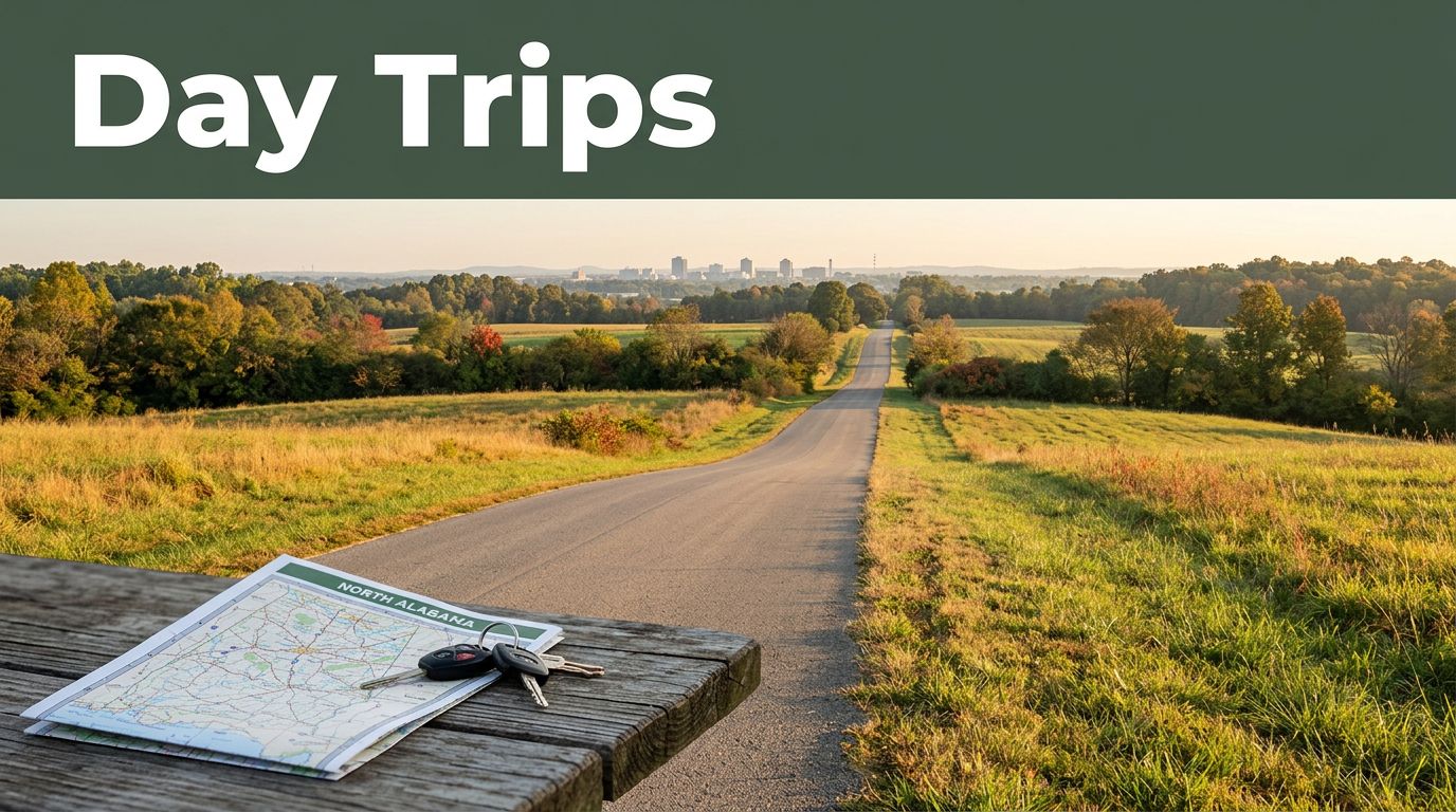A country road toward Huntsville with farmland, autumn trees, a map, and car keys.
