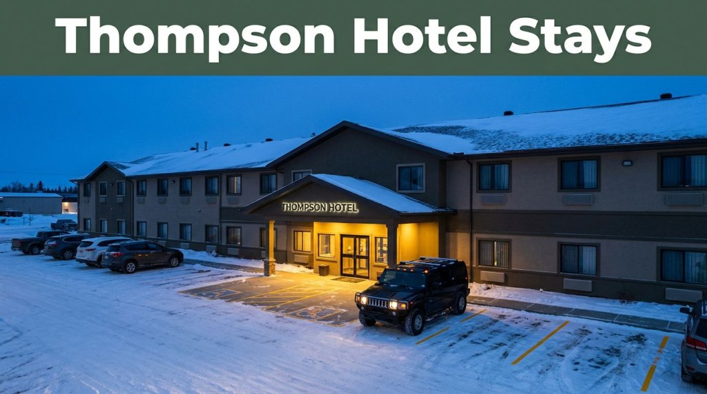Snow surrounds a lit Manitoba hotel entrance and parked SUV.