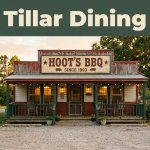 A small Arkansas barbecue restaurant with a porch, Hoot’s sign, and Tillar Dining banner.