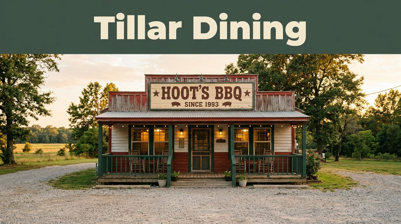 A small Arkansas barbecue restaurant with a porch, Hoot’s sign, and Tillar Dining banner.