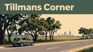 A car parked beside a coastal highway with oak trees and Mobile’s skyline in the distance.